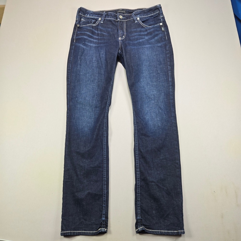 Silver Jeans Elyse Straight Dark Wash Contrast Stitch Indigo Womens Size 32x32